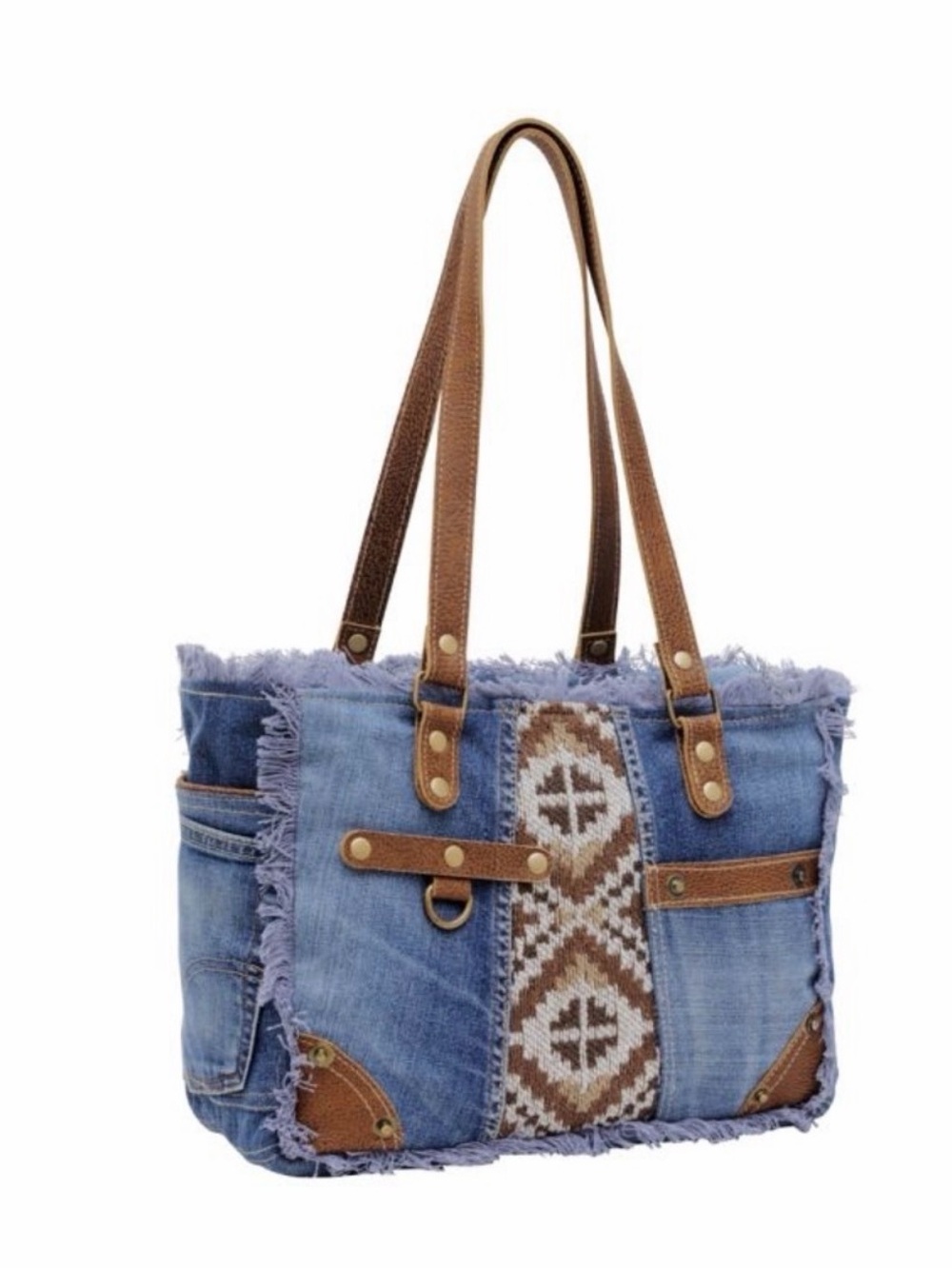 Myra Bag Tote Purse Navajo Souhwestern Blanket & Leather Retro Denim 1990’s West